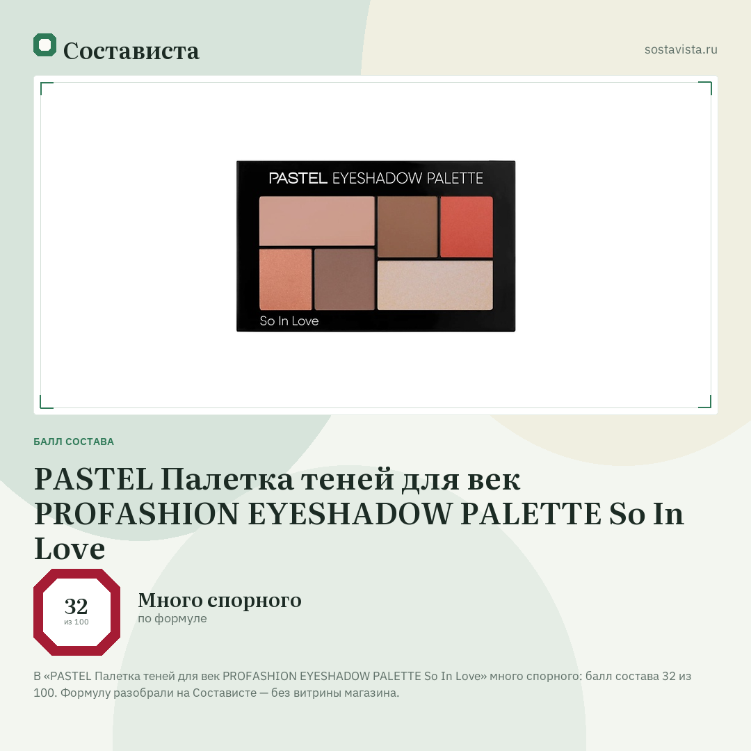 PASTEL Палетка теней для век PROFASHION EYESHADOW PALETTE So In Love: балл состава 32 из 100 — Состависта