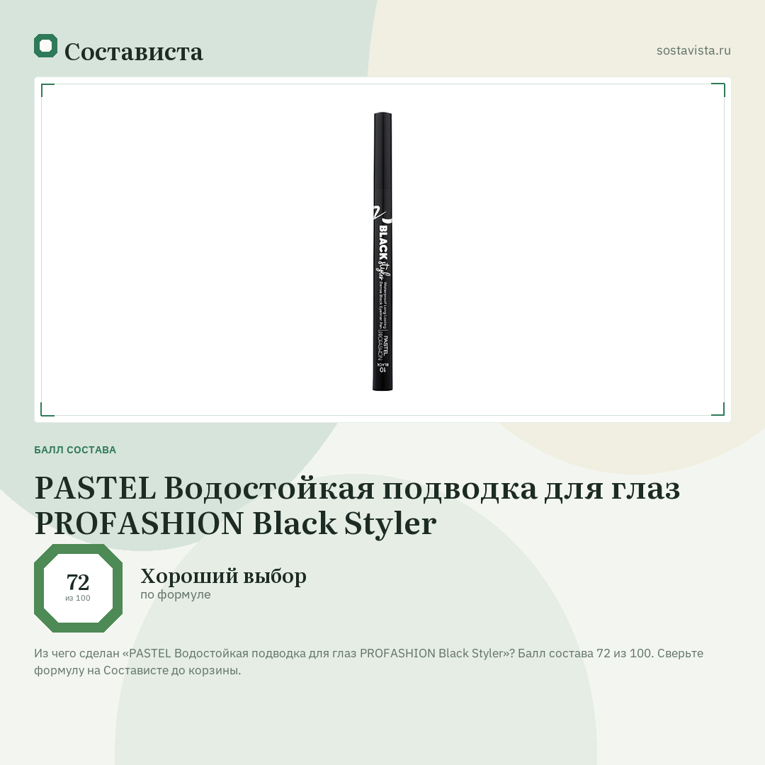PASTEL Водостойкая подводка для глаз PROFASHION Black Styler: балл состава 72 из 100 — Состависта