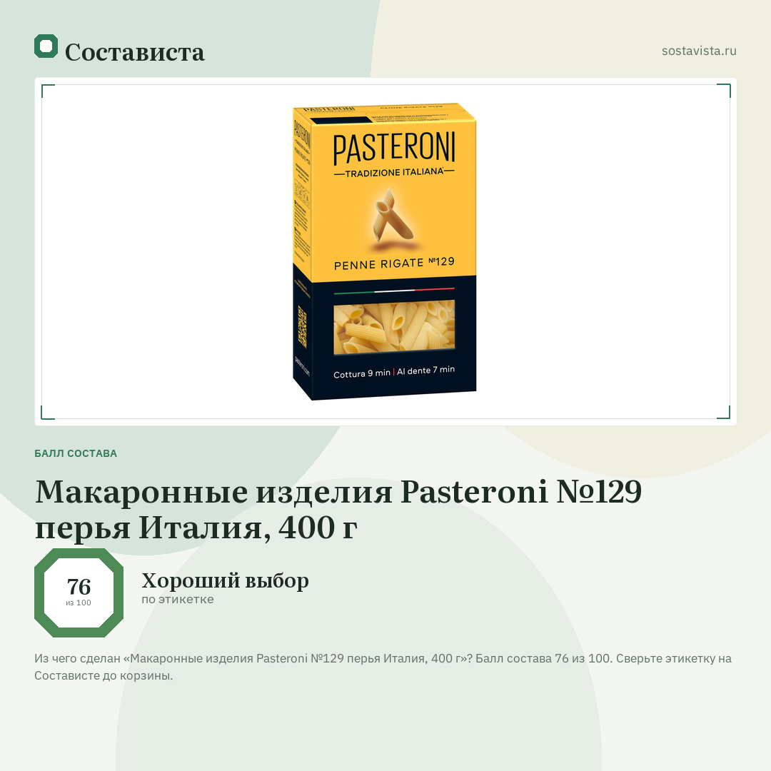 Макаронные изделия Pasteroni №129 перья Италия, 400 г: балл состава 76 из 100 — Состависта