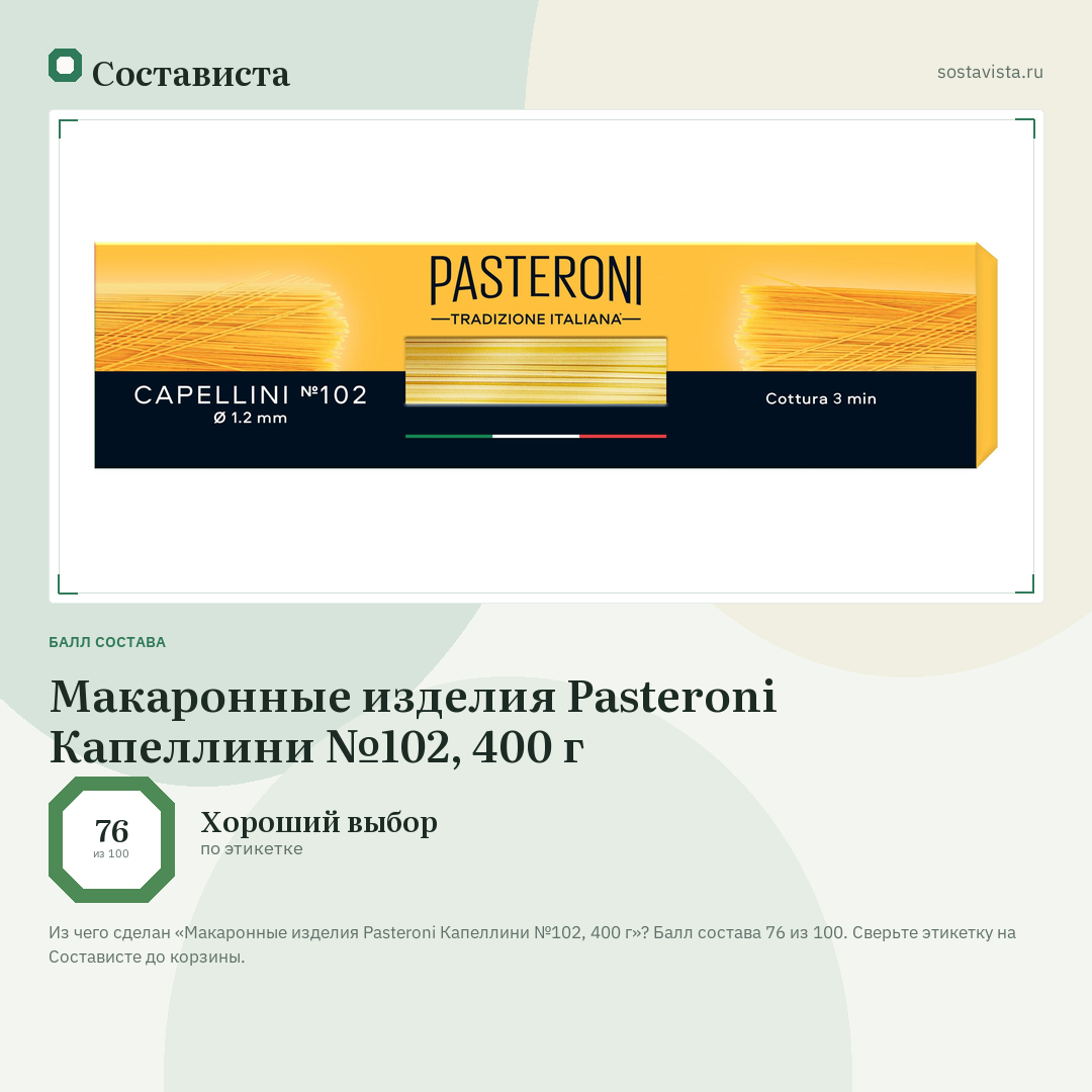 Макаронные изделия Pasteroni Капеллини №102, 400 г: балл состава 76 из 100 — Состависта