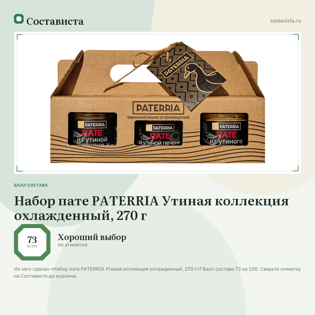 Набор пате PATERRIA Утиная коллекция охлажденный, 270 г: балл состава 73 из 100 — Состависта