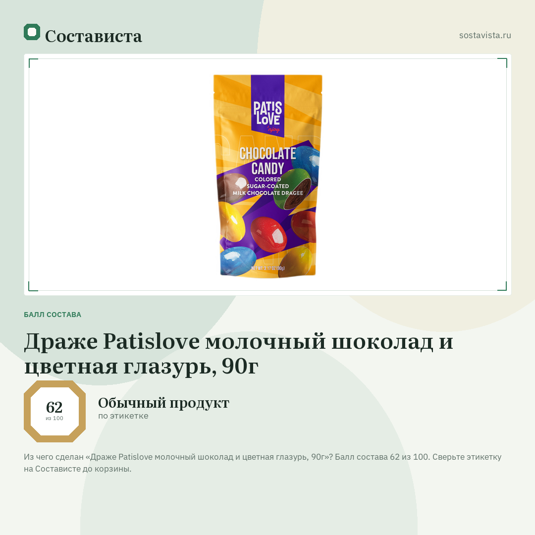 Драже Patislove молочный шоколад и цветная глазурь, 90г: балл состава 62 из 100 — Состависта