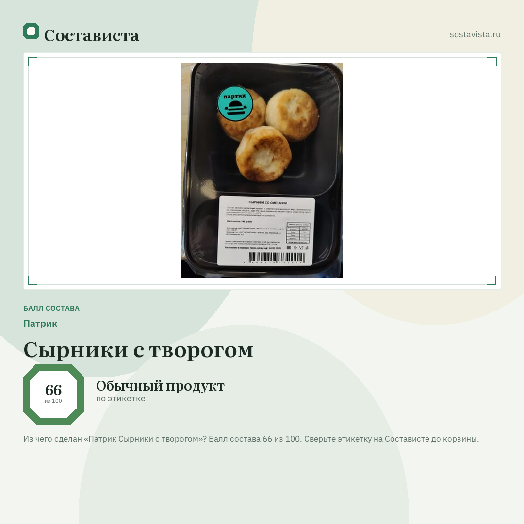 Патрик Сырники с творогом: балл состава 66 из 100 — Состависта