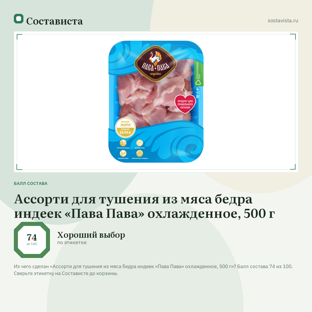 Ассорти для тушения из мяса бедра индеек «Пава Пава» охлажденное, 500 г: балл состава 74 из 100 — Состависта