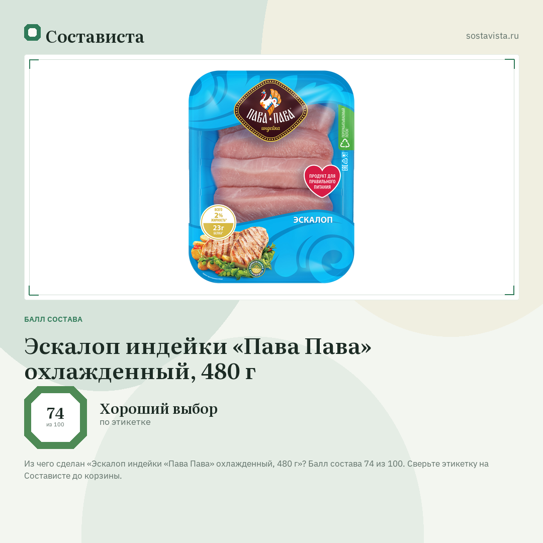 Эскалоп индейки «Пава Пава» охлажденный, 480 г: балл состава 74 из 100 — Состависта