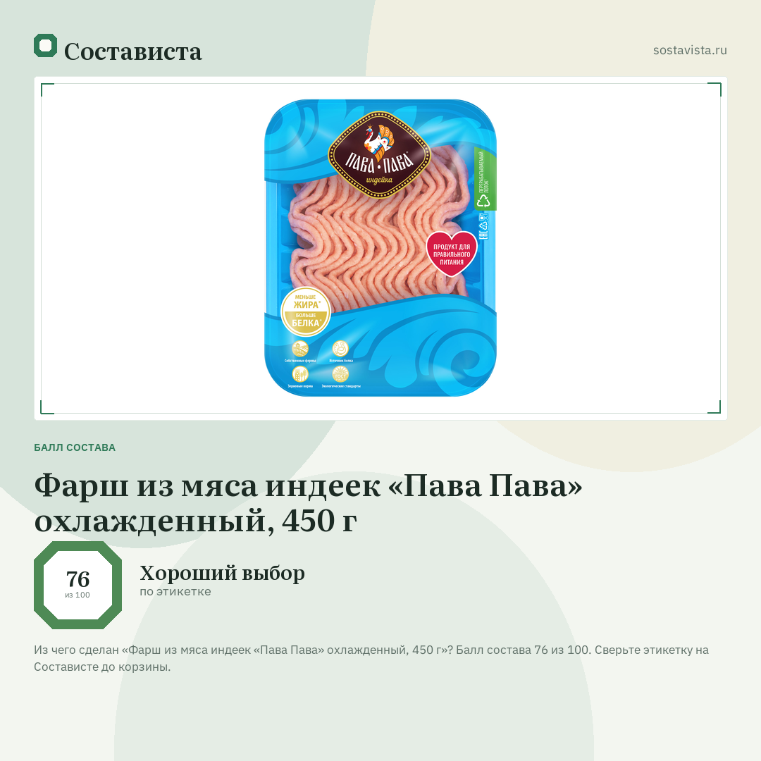 Фарш из мяса индеек «Пава Пава» охлажденный, 450 г: балл состава 76 из 100 — Состависта