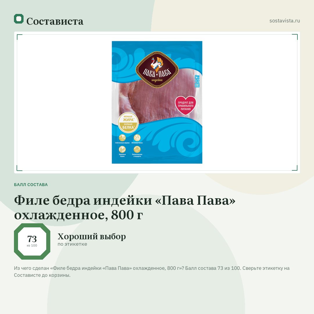 Филе бедра индейки «Пава Пава» охлажденное, 800 г: балл состава 73 из 100 — Состависта