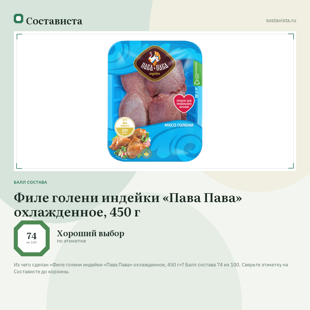 Филе голени индейки «Пава Пава» охлажденное, 450 г: балл состава 74 из 100 — Состависта