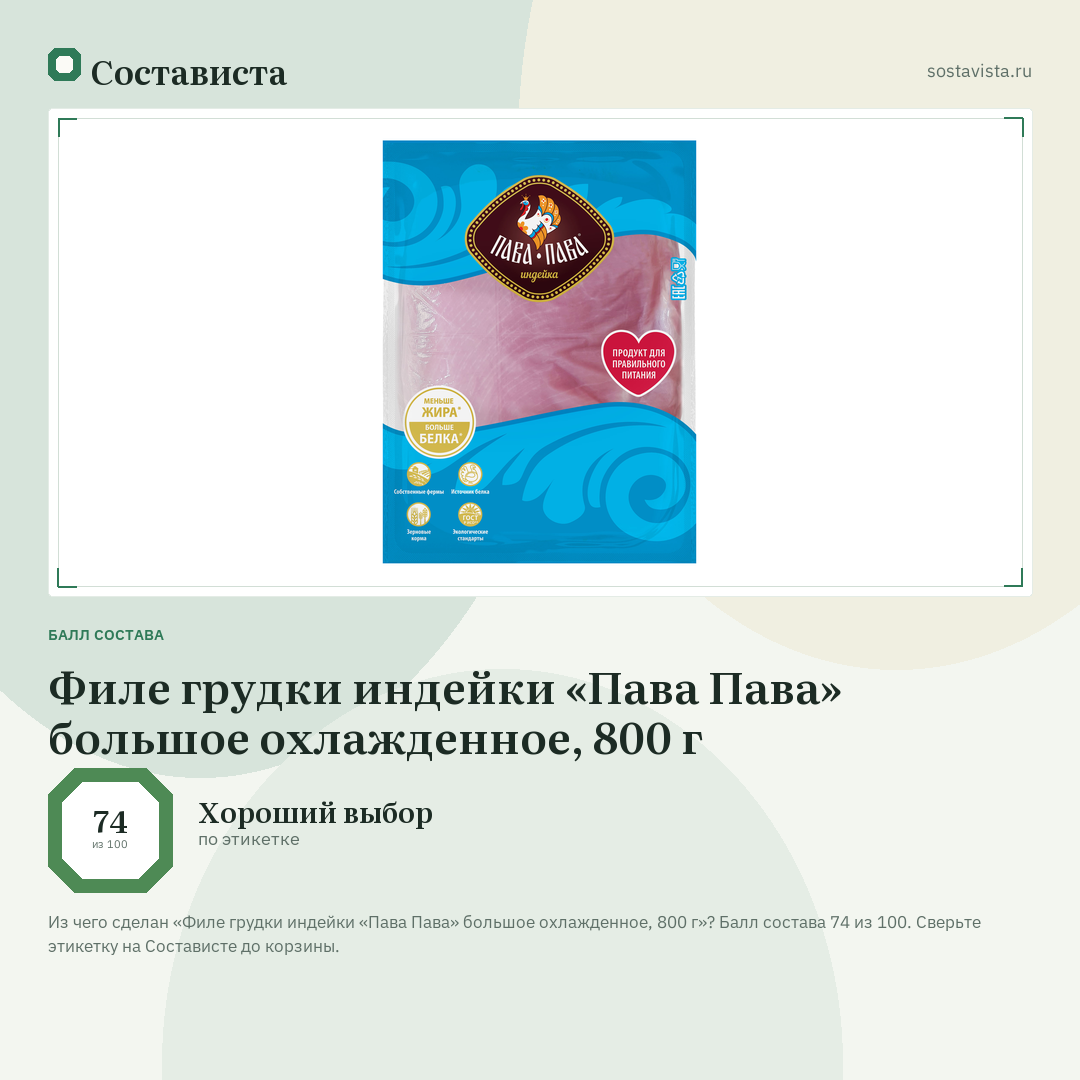 Филе грудки индейки «Пава Пава» большое охлажденное, 800 г: балл состава 74 из 100 — Состависта