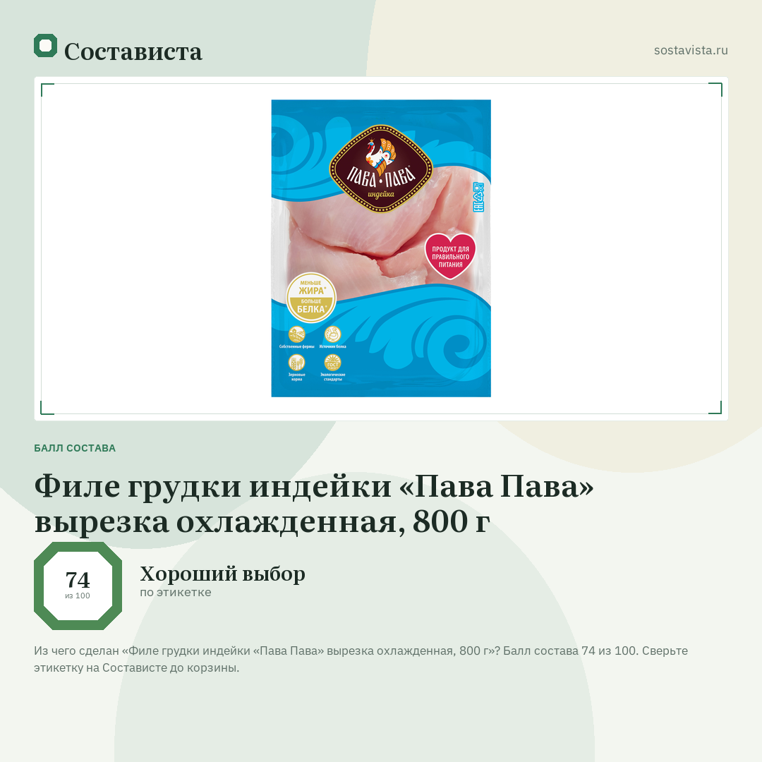 Филе грудки индейки «Пава Пава» вырезка охлажденная, 800 г: балл состава 74 из 100 — Состависта