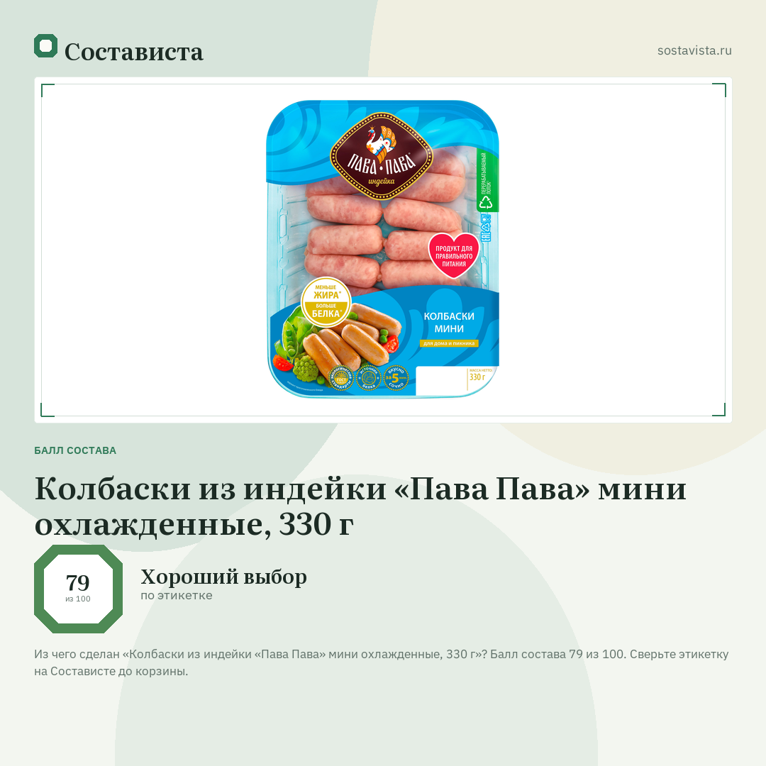 Колбаски из индейки «Пава Пава» мини охлажденные, 330 г: балл состава 79 из 100 — Состависта