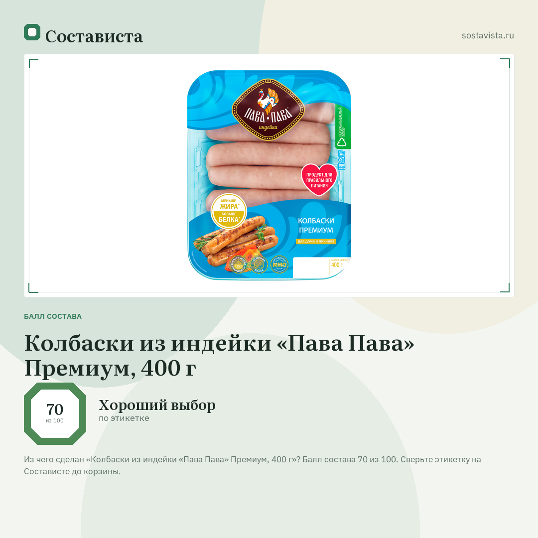 Колбаски из индейки «Пава Пава» Премиум, 400 г: балл состава 70 из 100 — Состависта