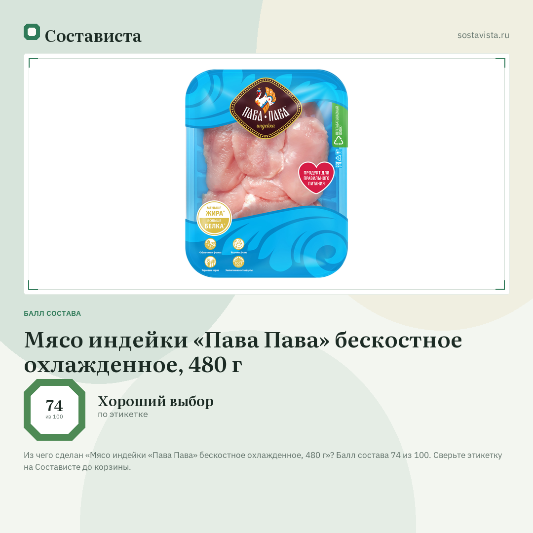 Мясо индейки «Пава Пава» бескостное охлажденное, 480 г: балл состава 74 из 100 — Состависта