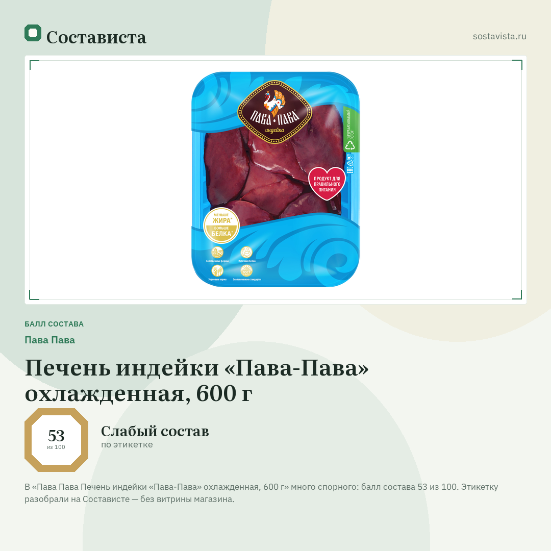 Пава Пава Печень индейки «Пава-Пава» охлажденная, 600 г: балл состава 53 из 100 — Состависта