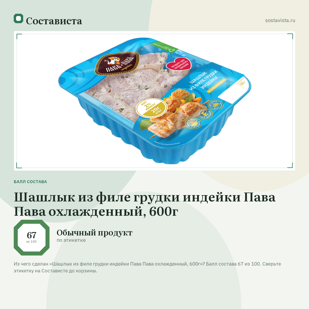 Шашлык из филе грудки индейки Пава Пава охлажденный, 600г: балл состава 67 из 100 — Состависта