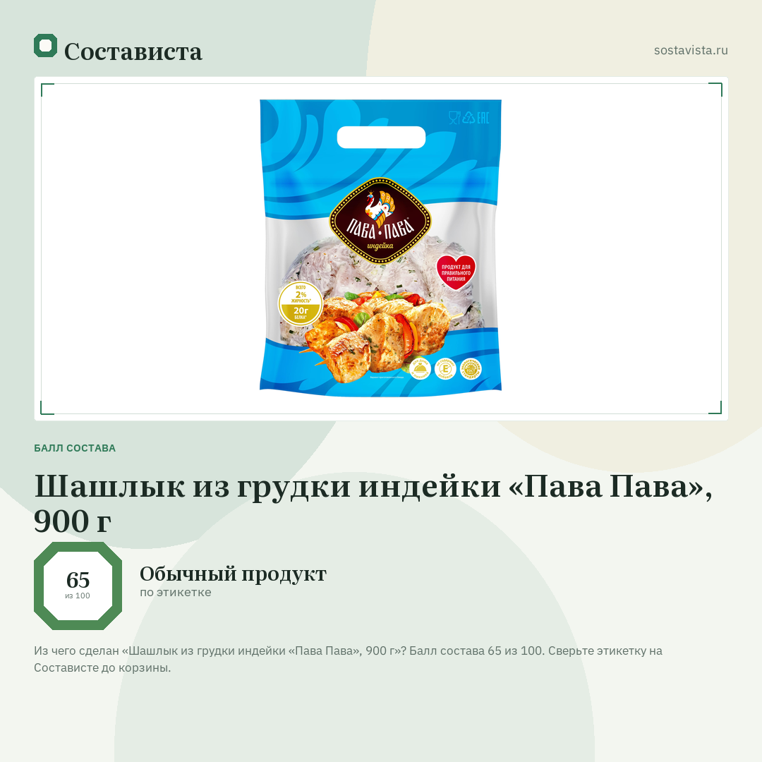 Шашлык из грудки индейки «Пава Пава», 900 г: балл состава 65 из 100 — Состависта