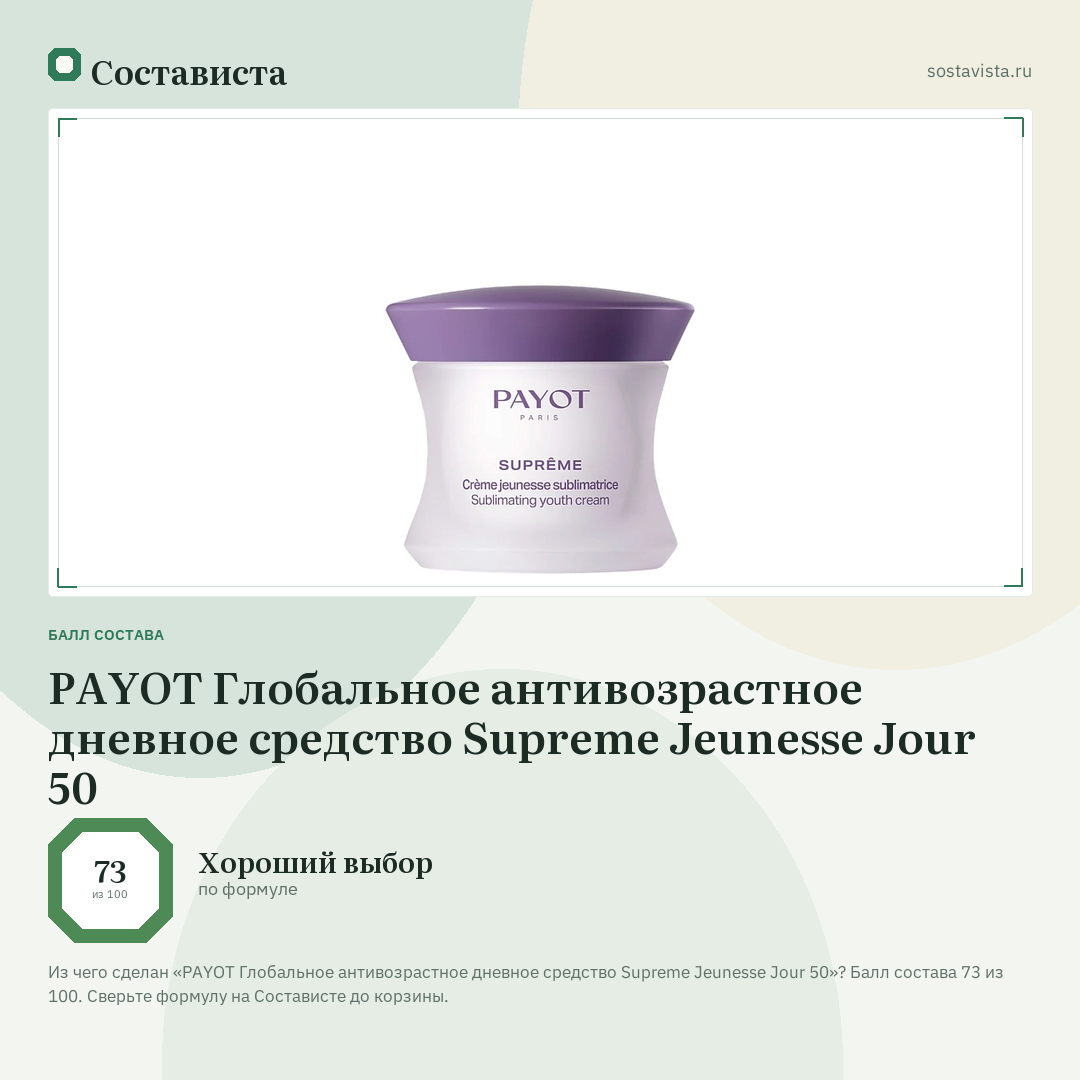 PAYOT Глобальное антивозрастное дневное средство Supreme Jeunesse Jour 50: балл состава 73 из 100 — Состависта