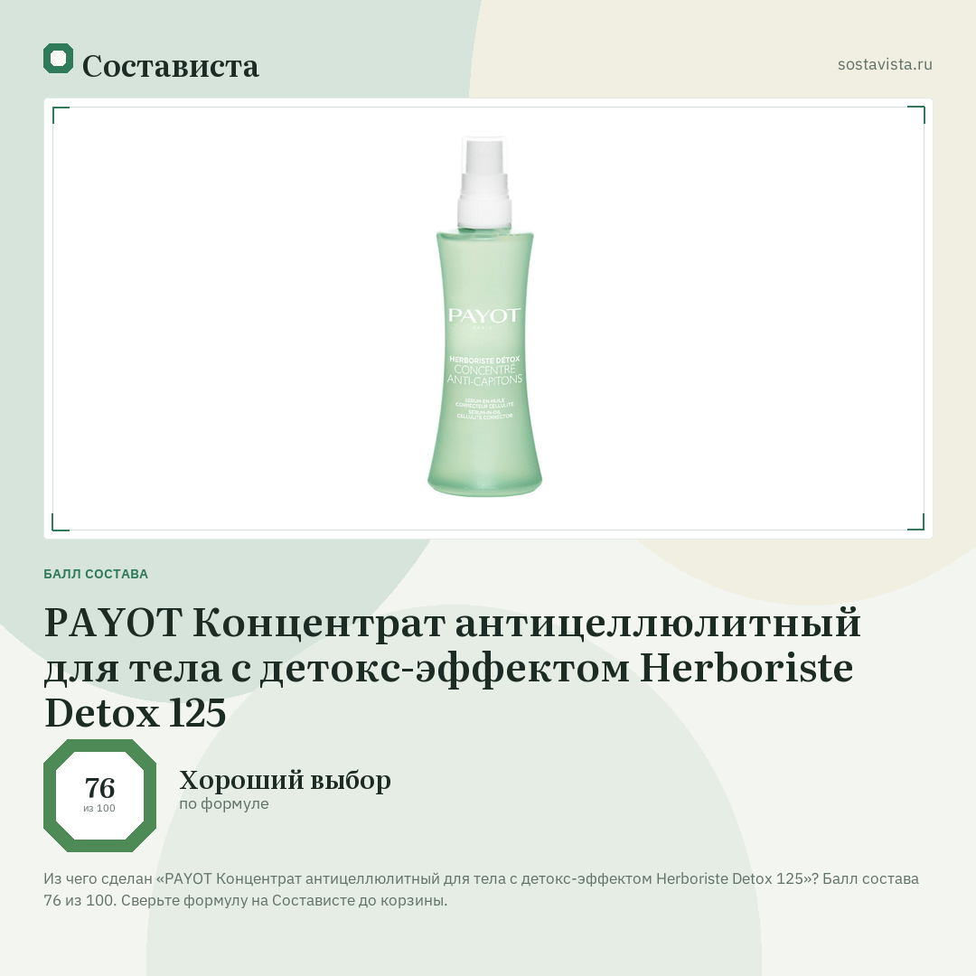 PAYOT Концентрат антицеллюлитный для тела с детокс-эффектом Herboriste Detox 125: балл состава 76 из 100 — Состависта