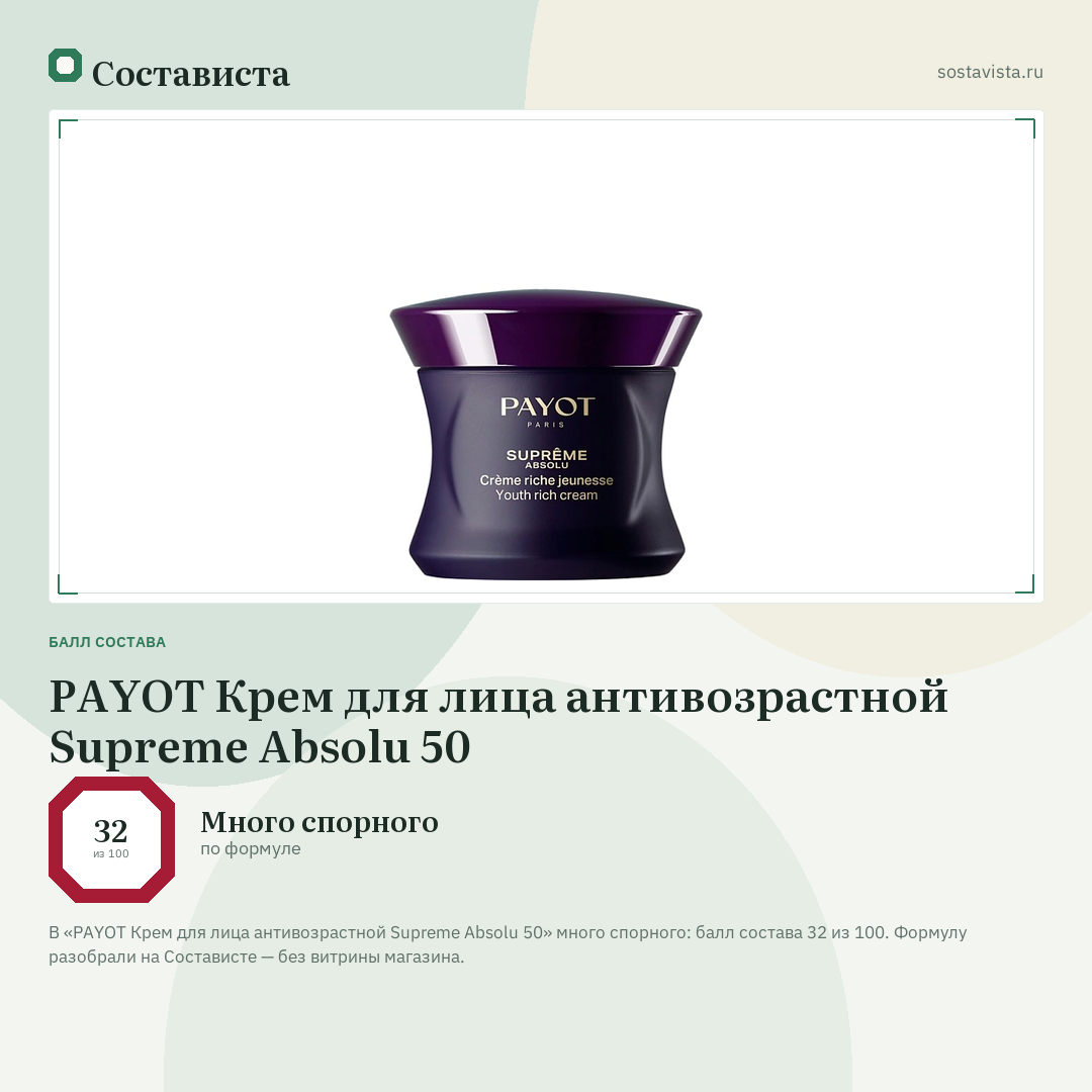 PAYOT Крем для лица антивозрастной Supreme Absolu 50: балл состава 32 из 100 — Состависта