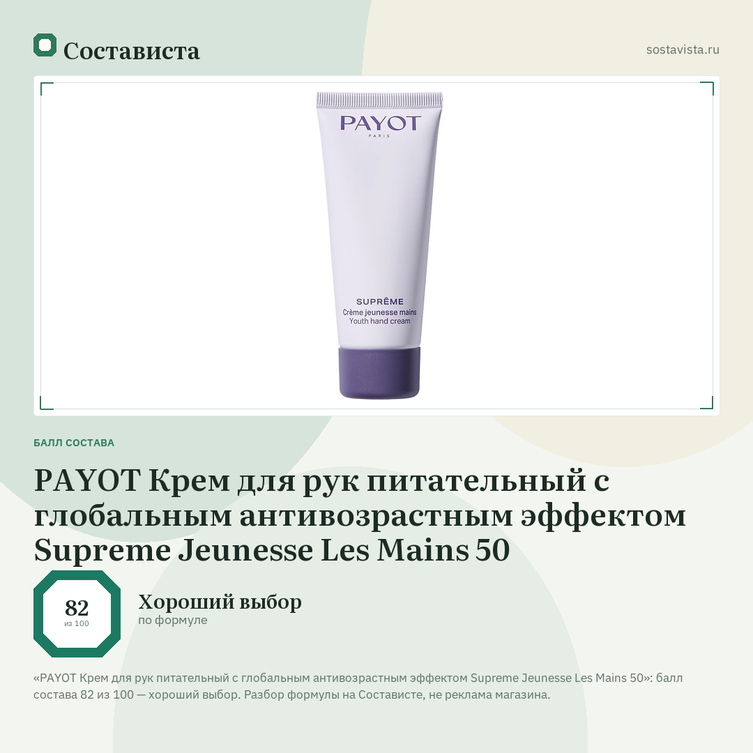 PAYOT Крем для рук питательный с глобальным антивозрастным эффектом Supreme Jeunesse Les Mains 50: балл состава 82 из 100 — Состависта