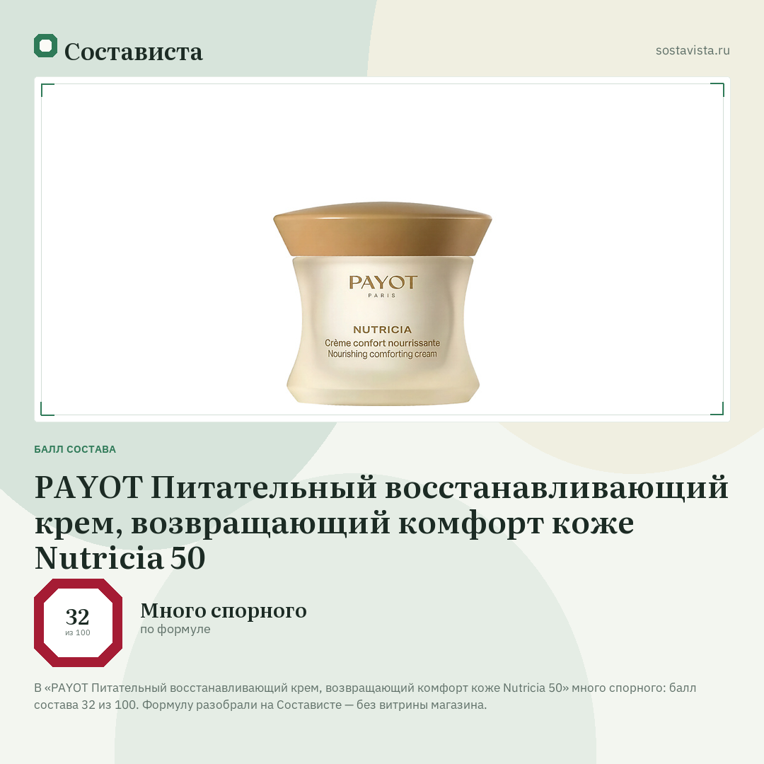PAYOT Питательный восстанавливающий крем, возвращающий комфорт коже Nutricia 50: балл состава 32 из 100 — Состависта