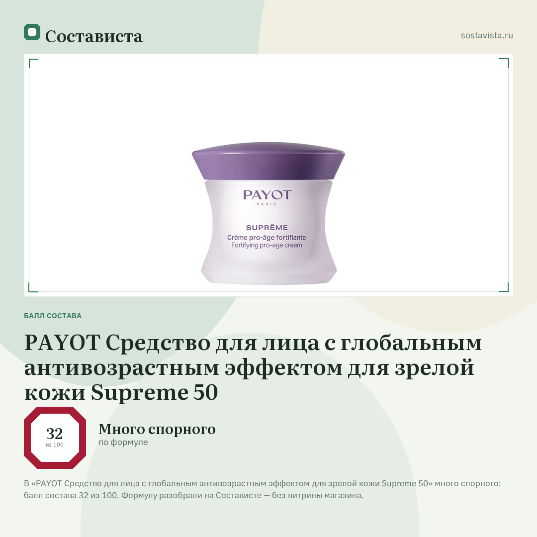PAYOT Средство для лица с глобальным антивозрастным эффектом для зрелой кожи Supreme 50: балл состава 32 из 100 — Состависта