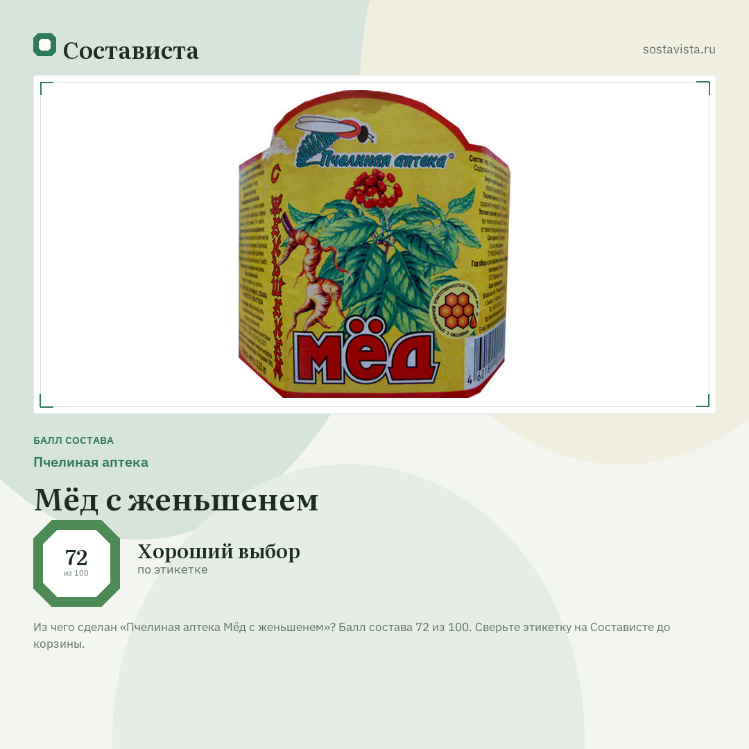 Пчелиная аптека Мёд с женьшенем: балл состава 72 из 100 — Состависта