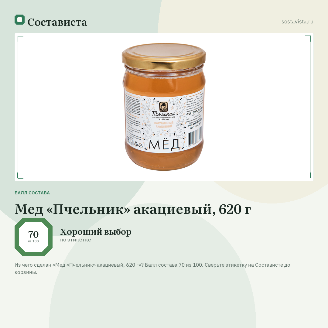 Мед «Пчельник» акациевый, 620 г: балл состава 70 из 100 — Состависта