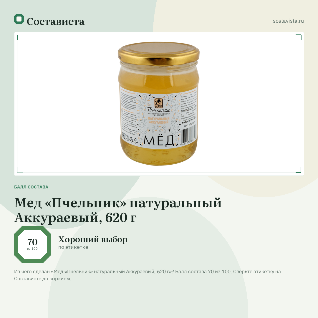 Мед «Пчельник» натуральный Аккураевый, 620 г: балл состава 70 из 100 — Состависта