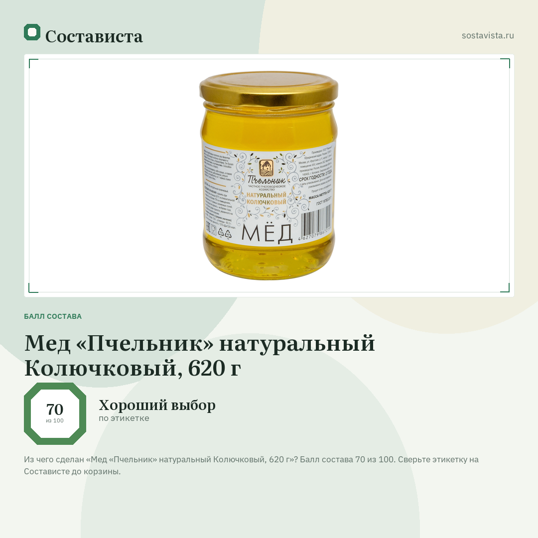Мед «Пчельник» натуральный Колючковый, 620 г: балл состава 70 из 100 — Состависта