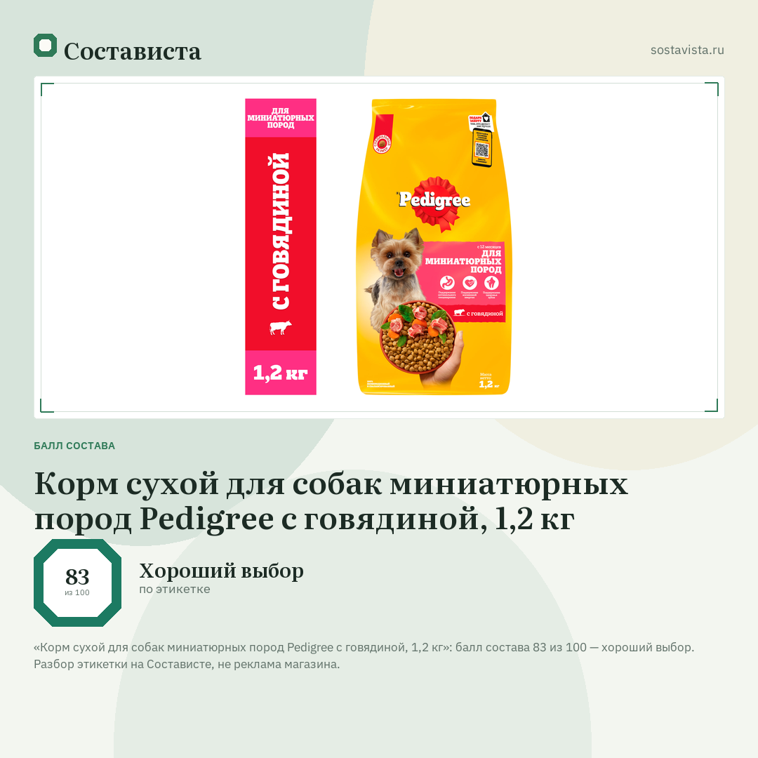 Корм сухой для собак миниатюрных пород Pedigree с говядиной, 1,2 кг: балл состава 83 из 100 — Состависта