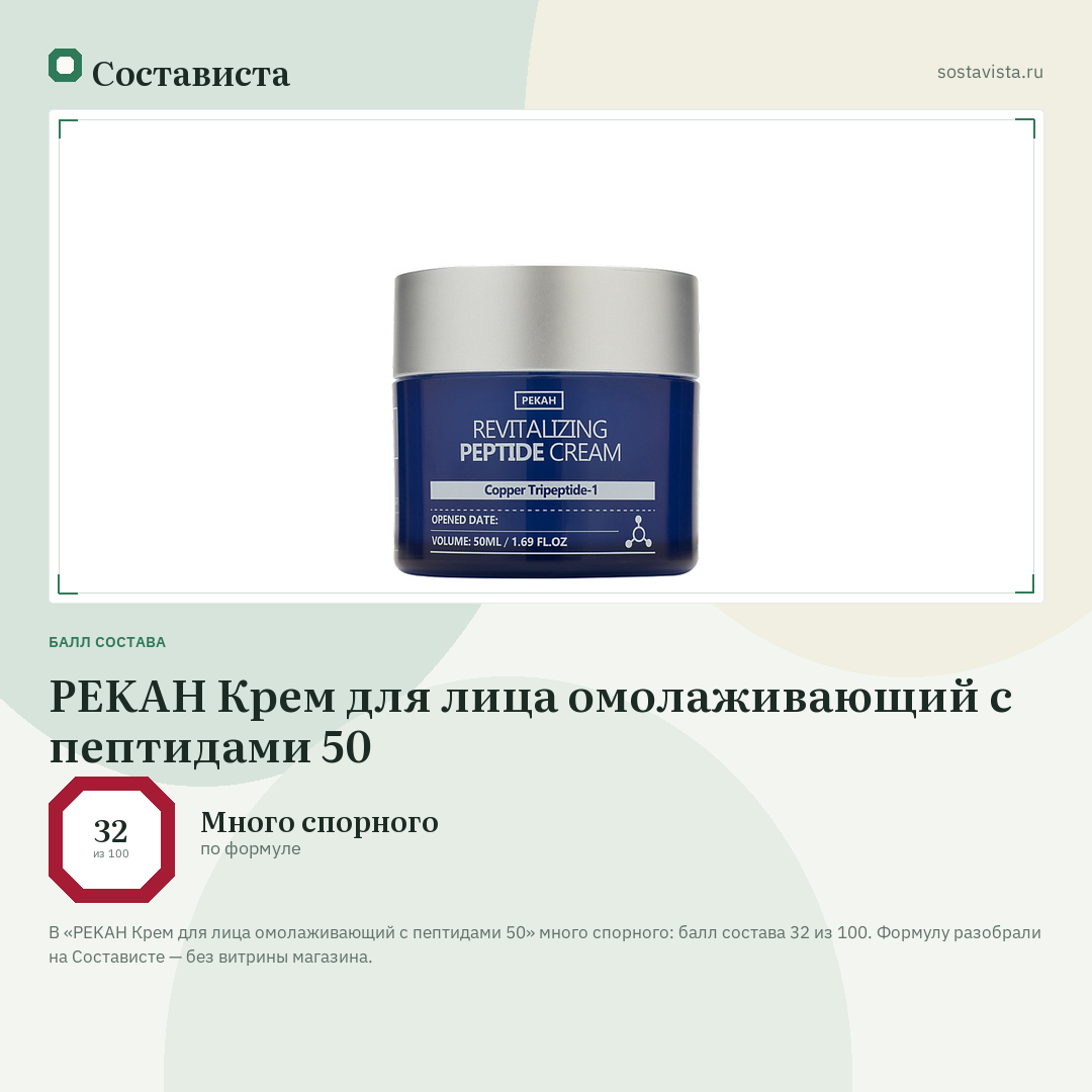 PEKAH Крем для лица омолаживающий с пептидами 50: балл состава 32 из 100 — Состависта