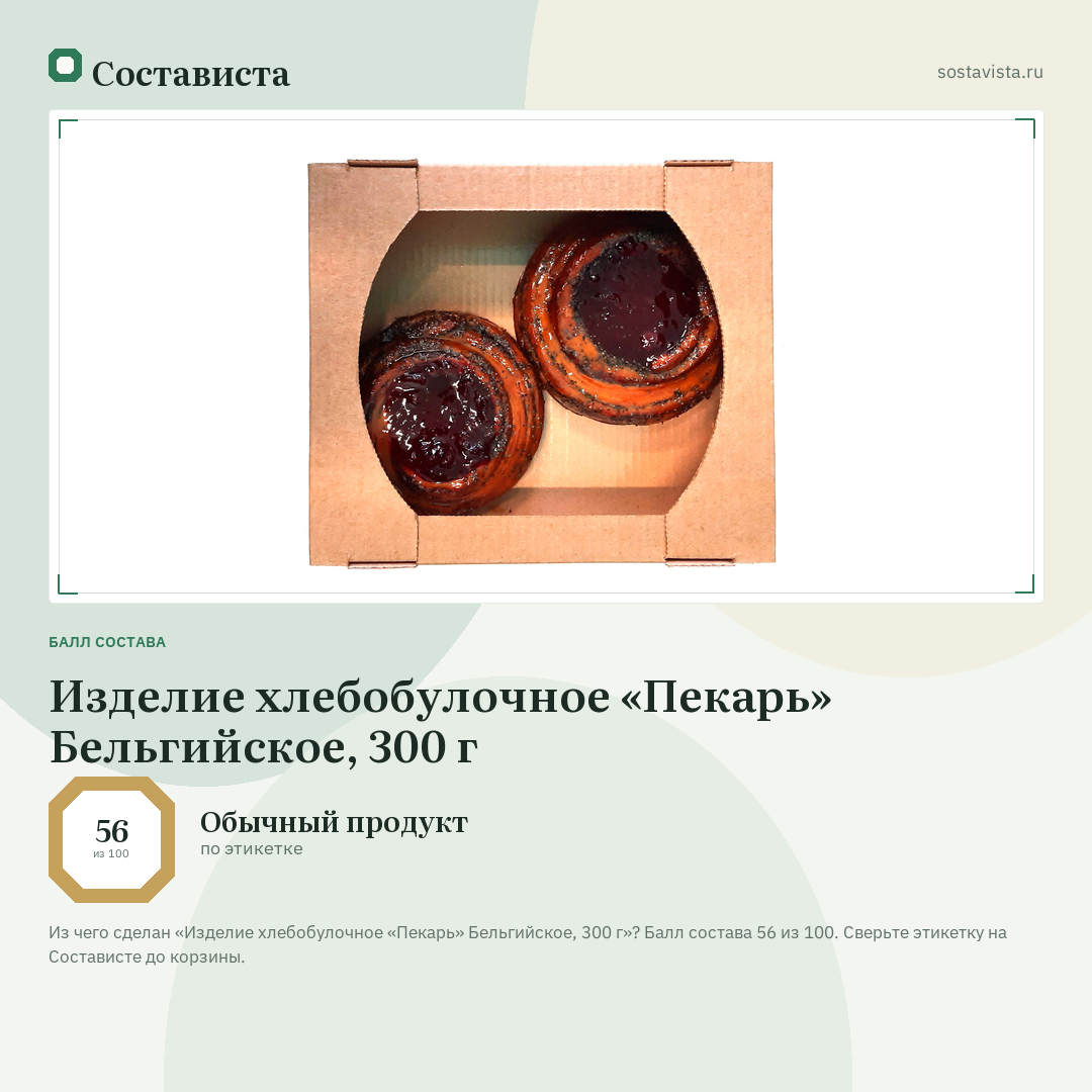Изделие хлебобулочное «Пекарь» Бельгийское, 300 г: балл состава 56 из 100 — Состависта