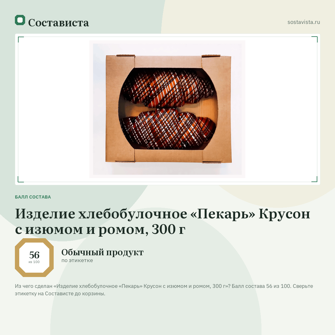 Изделие хлебобулочное «Пекарь» Крусон с изюмом и ромом, 300 г: балл состава 56 из 100 — Состависта