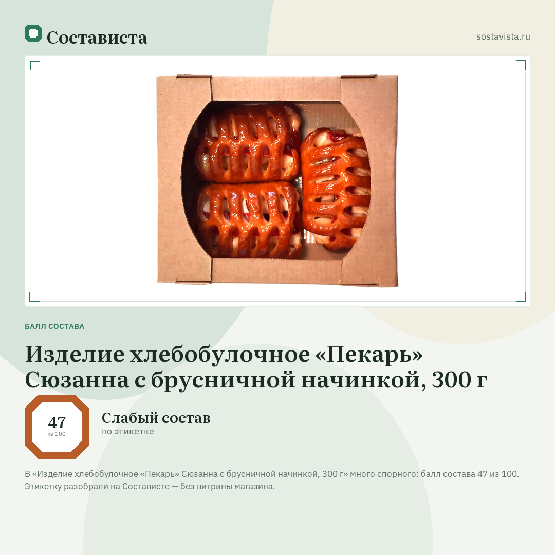 Изделие хлебобулочное «Пекарь» Сюзанна с брусничной начинкой, 300 г: балл состава 47 из 100 — Состависта