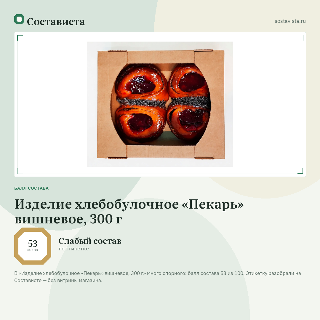 Изделие хлебобулочное «Пекарь» вишневое, 300 г: балл состава 53 из 100 — Состависта