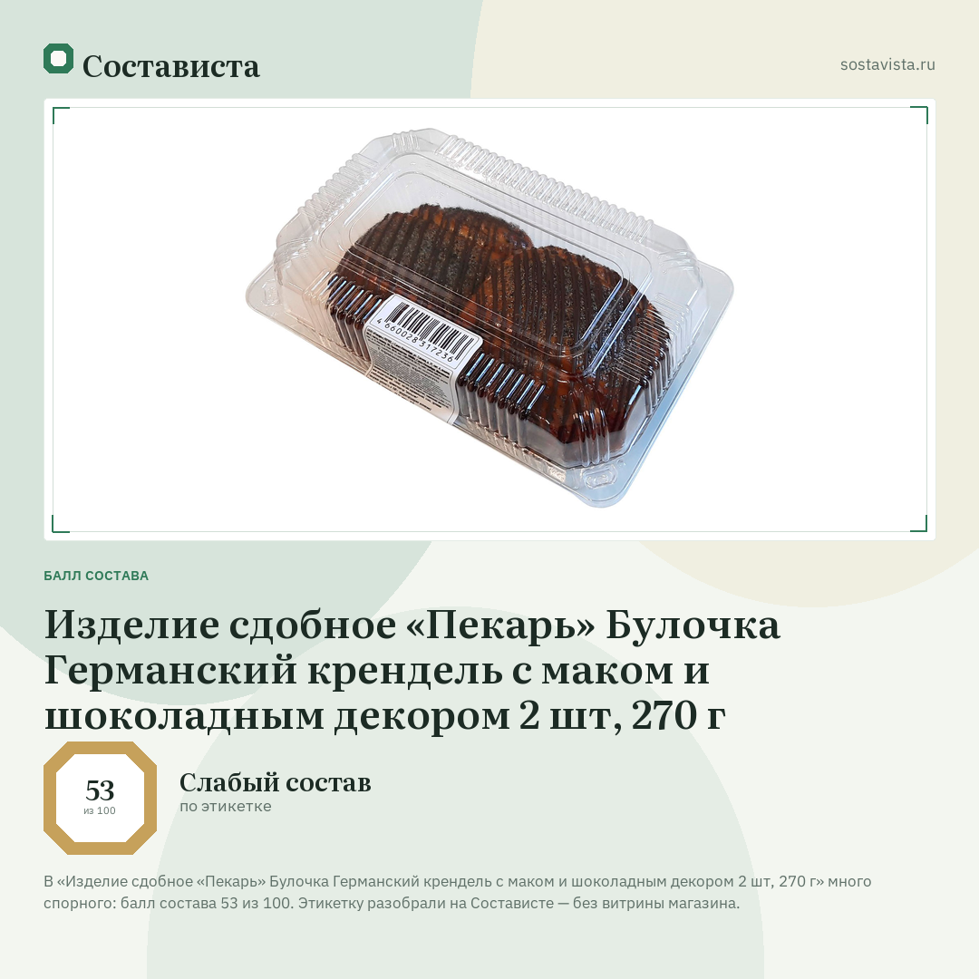 Изделие сдобное «Пекарь» Булочка Германский крендель с маком и шоколадным декором 2 шт, 270 г: балл состава 53 из 100 — Состависта