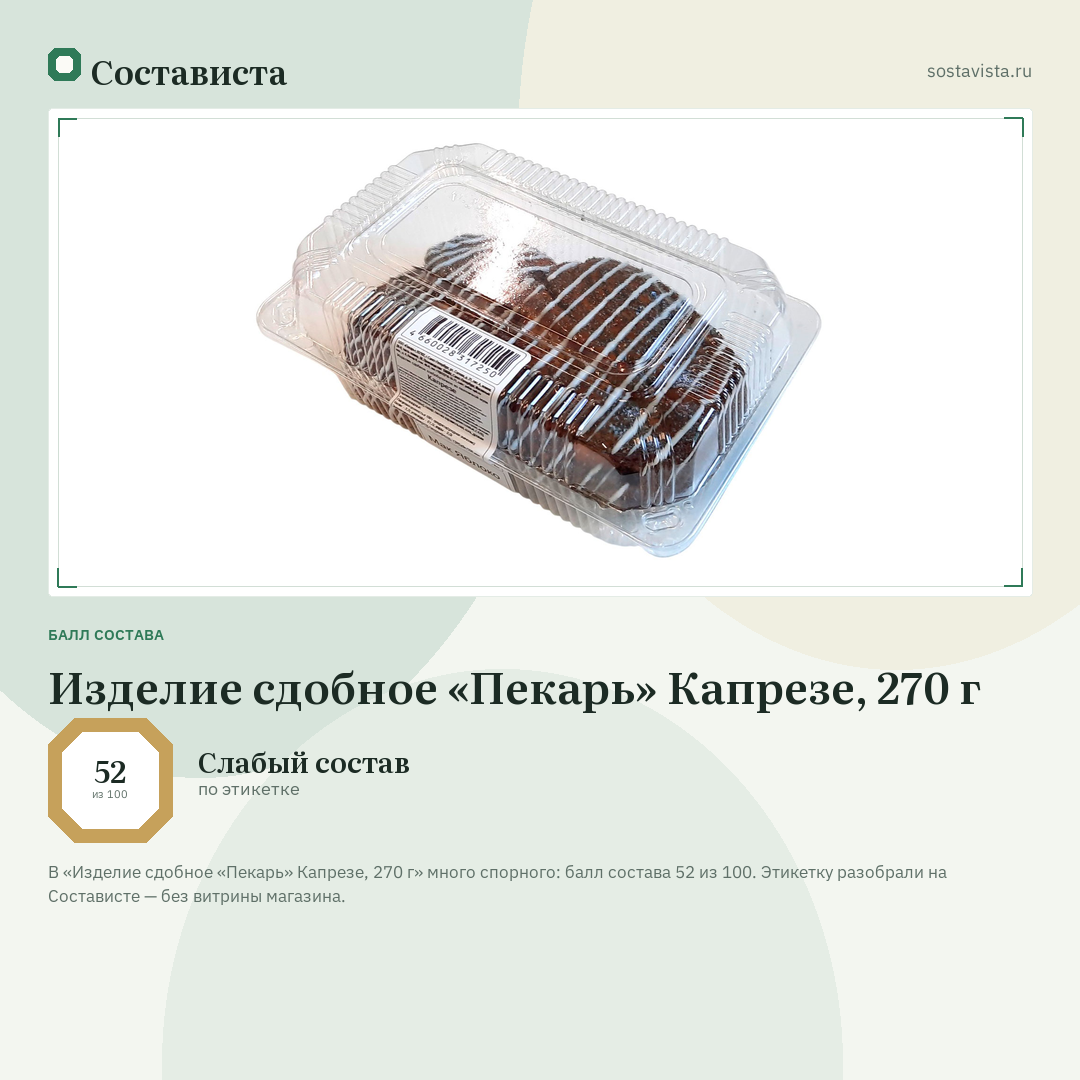 Изделие сдобное «Пекарь» Капрезе, 270 г: балл состава 52 из 100 — Состависта