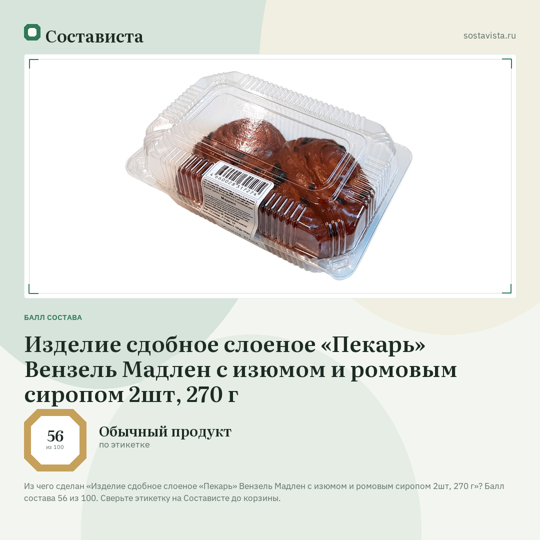 Изделие сдобное слоеное «Пекарь» Вензель Мадлен с изюмом и ромовым сиропом 2шт, 270 г: балл состава 56 из 100 — Состависта