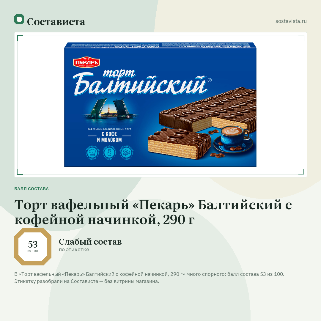 Торт вафельный «Пекарь» Балтийский с кофейной начинкой, 290 г: балл состава 53 из 100 — Состависта