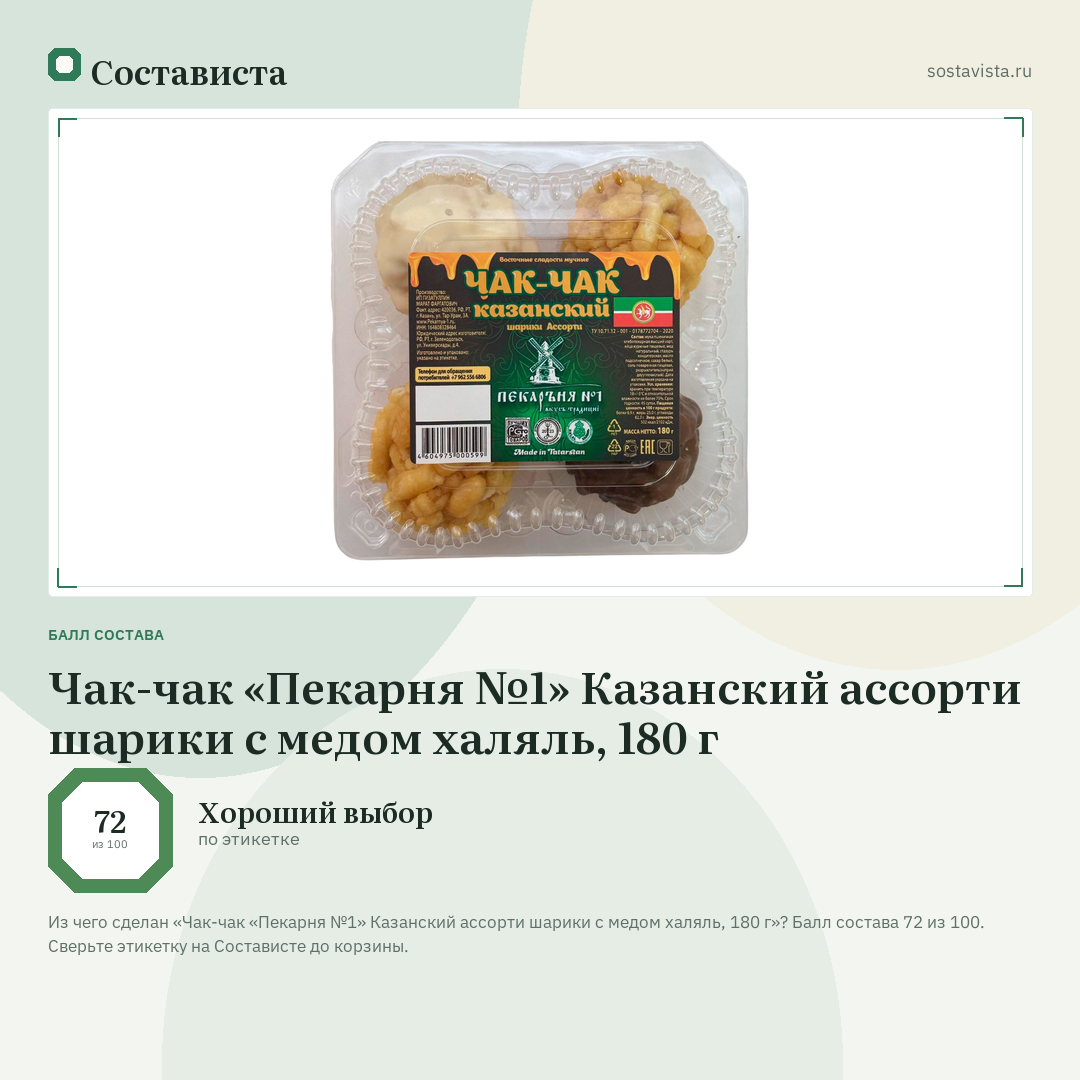 Чак-чак «Пекарня №1» Казанский ассорти шарики с медом халяль, 180 г: балл состава 72 из 100 — Состависта