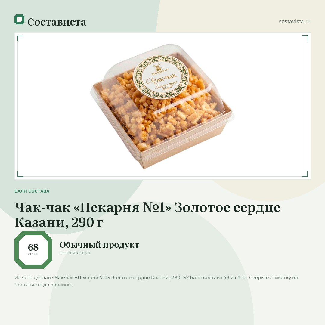 Чак-чак «Пекарня №1» Золотое сердце Казани, 290 г: балл состава 68 из 100 — Состависта