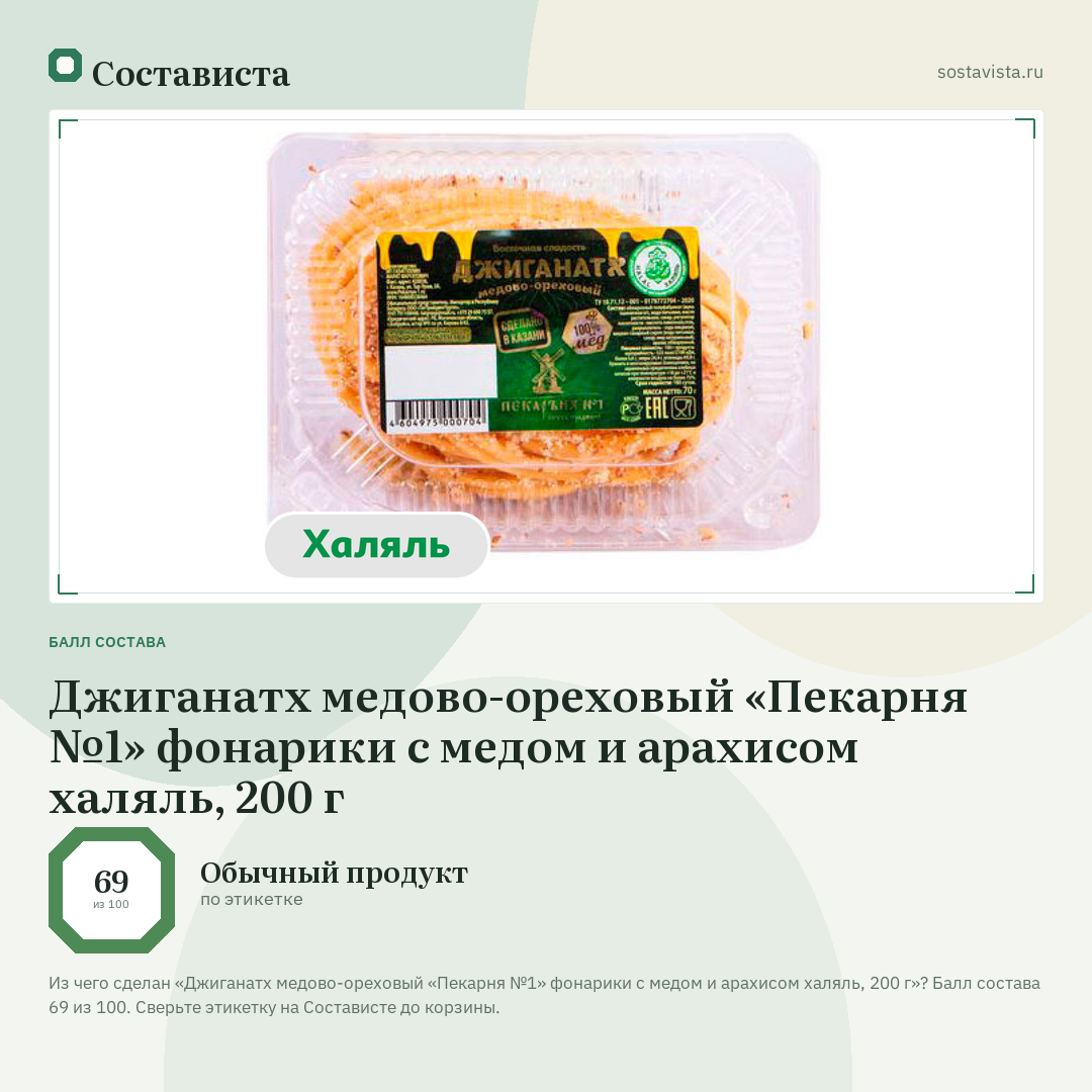 Джиганатх медово-ореховый «Пекарня №1» фонарики с медом и арахисом халяль, 200 г: балл состава 69 из 100 — Состависта