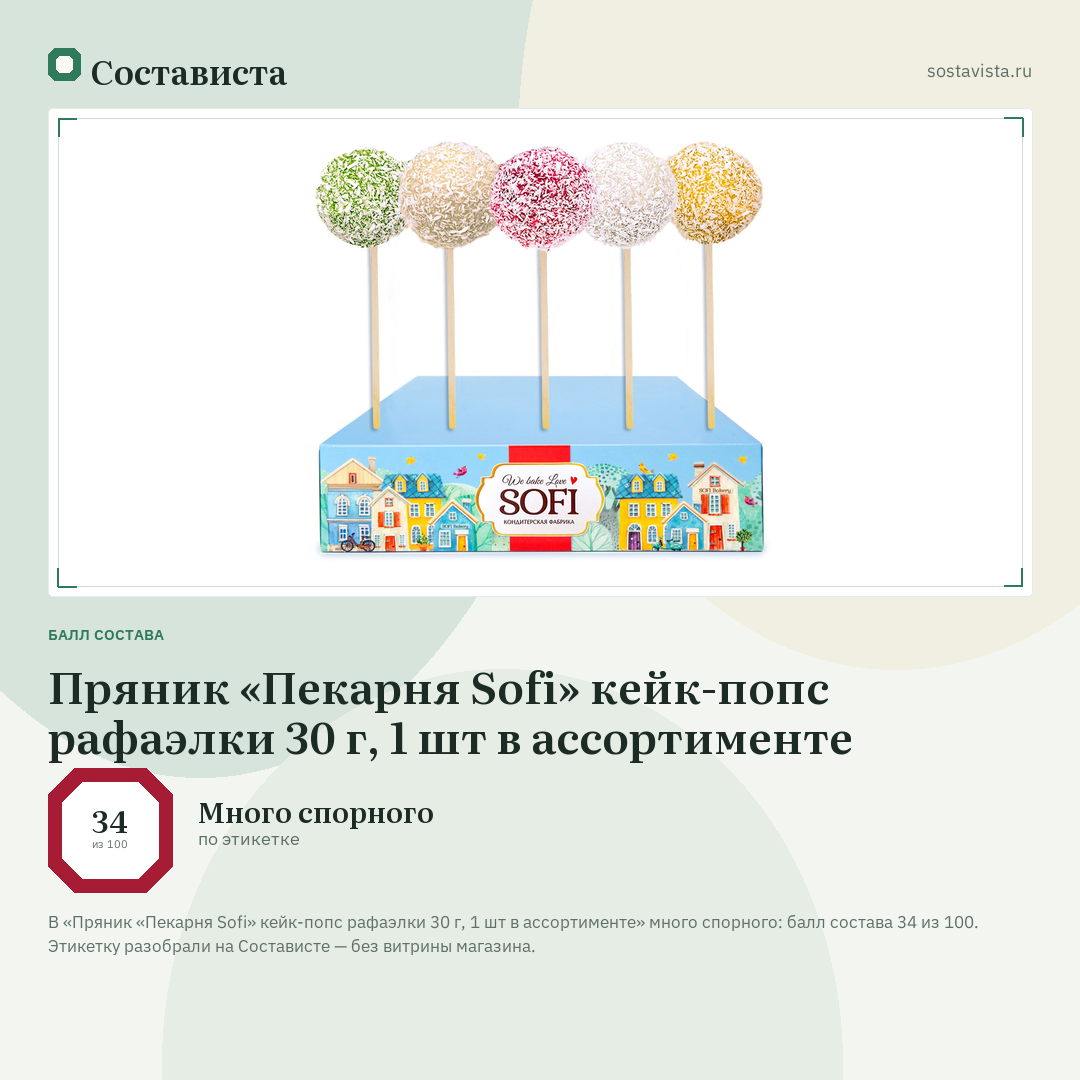 Пряник «Пекарня Sofi» кейк-попс рафаэлки 30 г, 1 шт в ассортименте: балл состава 34 из 100 — Состависта