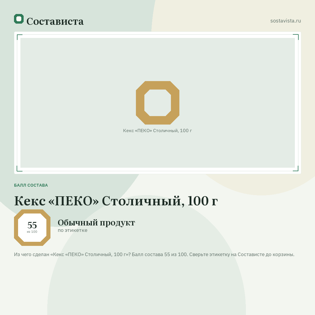 Кекс «ПЕКО» Столичный, 100 г: балл состава 55 из 100 — Состависта