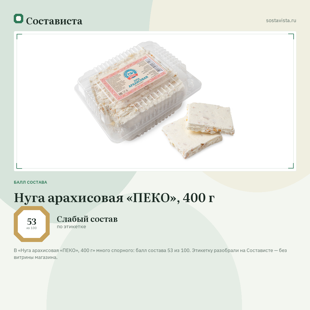Нуга арахисовая «ПЕКО», 400 г: балл состава 53 из 100 — Состависта