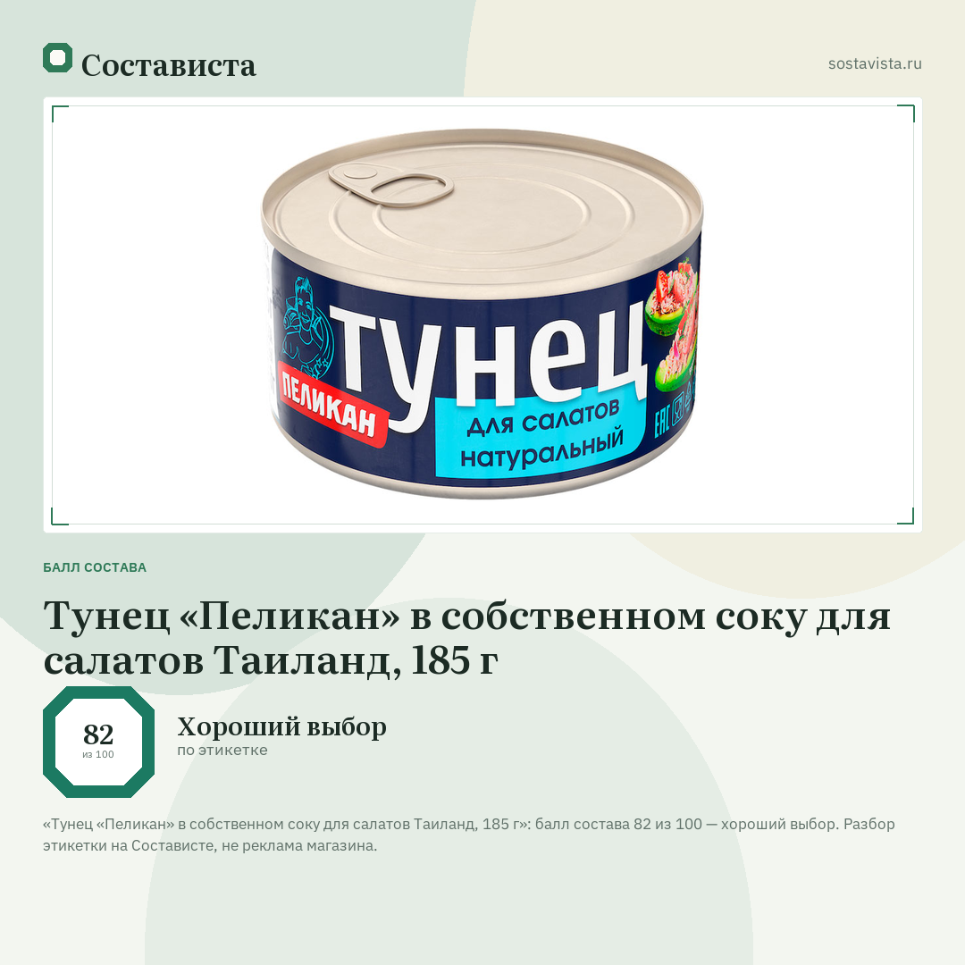 Тунец «Пеликан» в собственном соку для салатов Таиланд, 185 г: балл состава 82 из 100 — Состависта