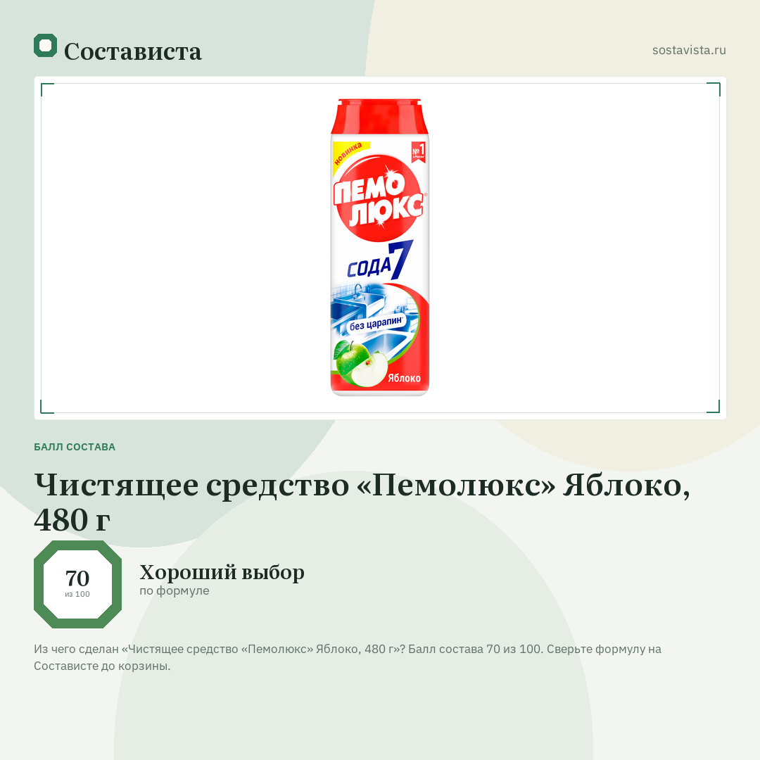 Чистящее средство «Пемолюкс» Яблоко, 480 г: балл состава 70 из 100 — Состависта