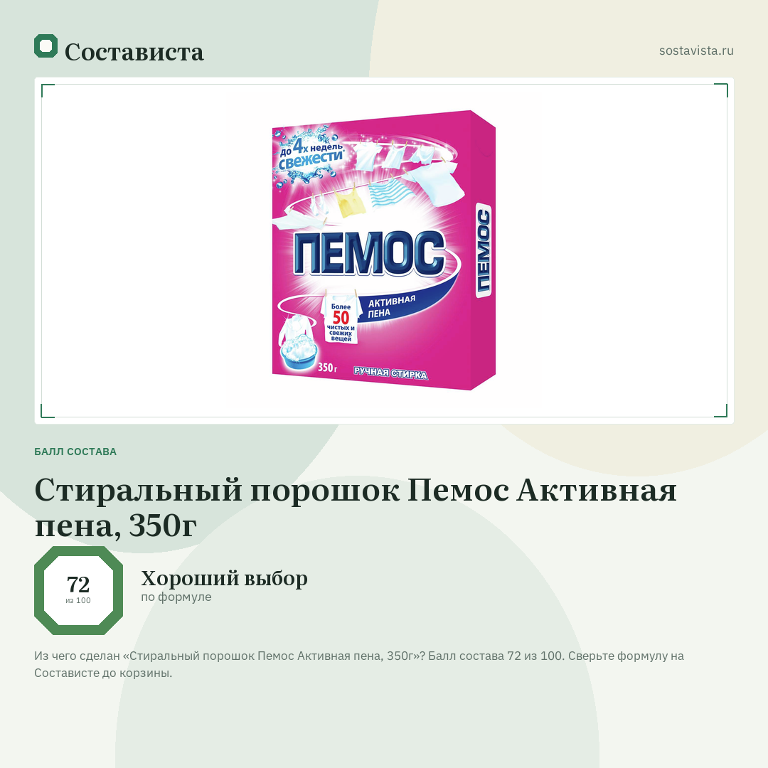 Стиральный порошок Пемос Активная пена, 350г: балл состава 72 из 100 — Состависта