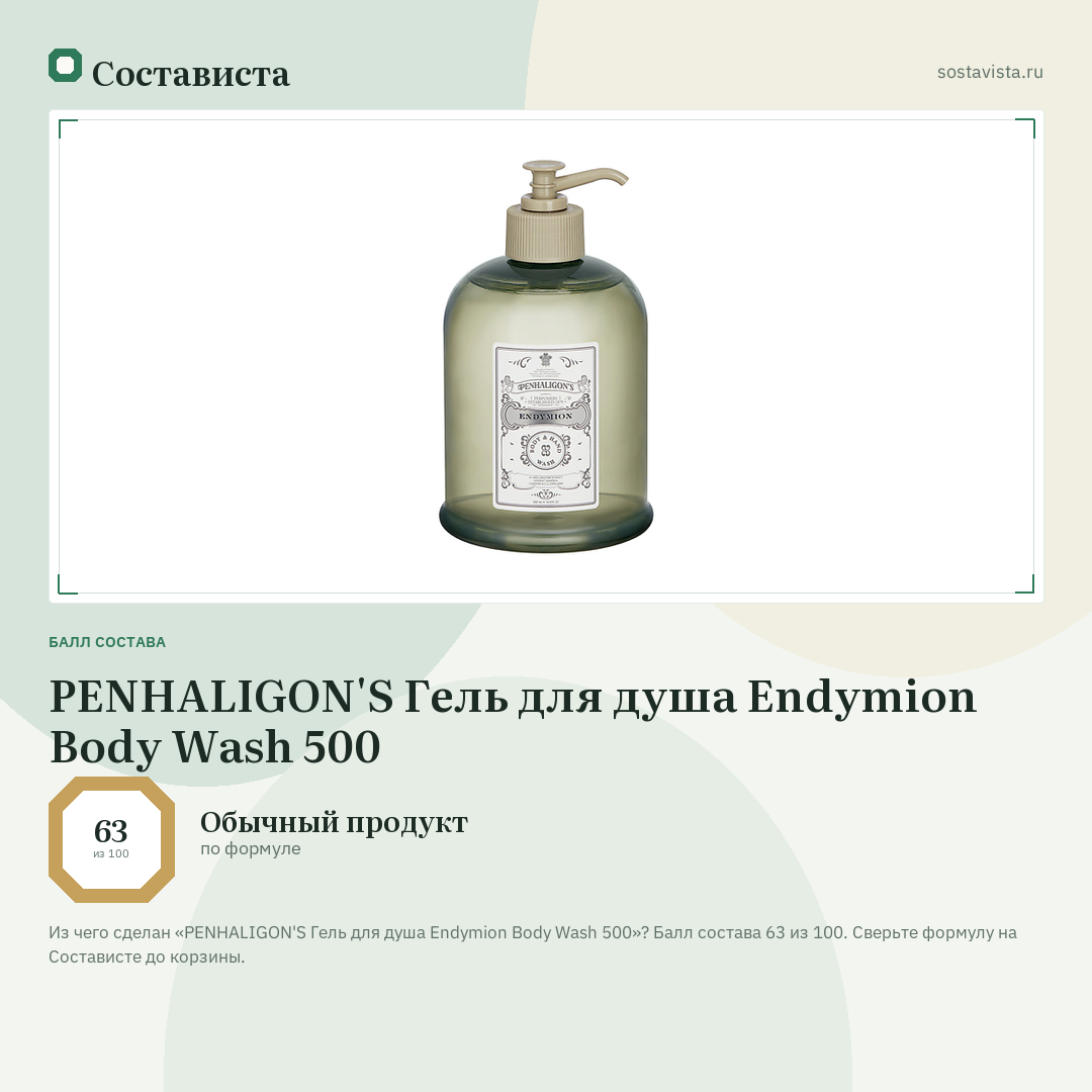 PENHALIGON'S Гель для душа Endymion Body Wash 500: балл состава 63 из 100 — Состависта